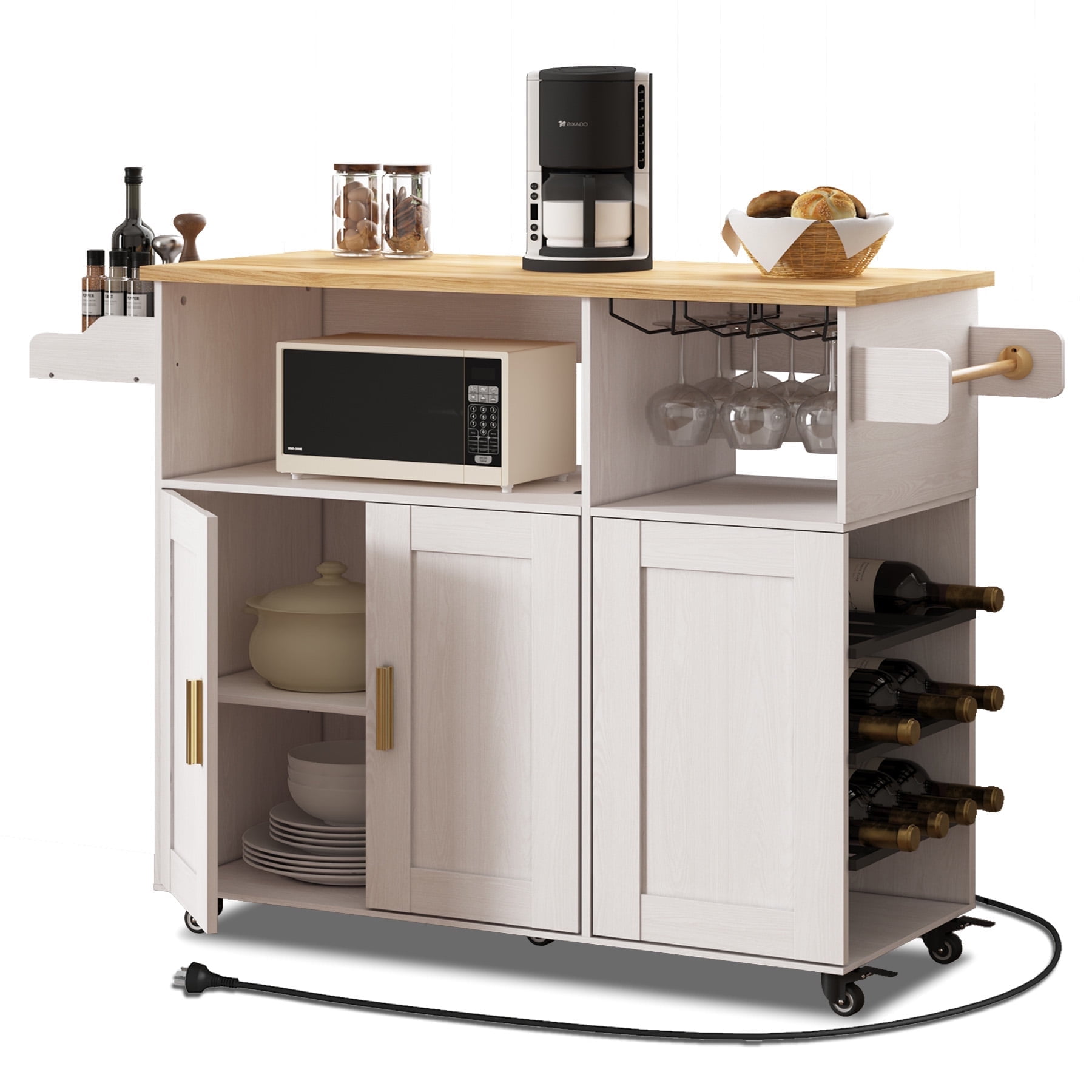 ZOPEND Rolling Mobile Kitchen Island Cart Bar, Island Cart with 5 Wheels, Power Socket and Towel Rack，White