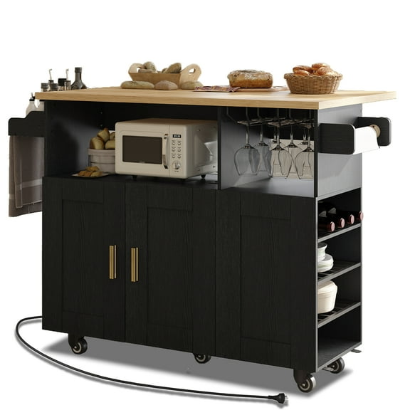 ZOPEND Rolling Mobile Kitchen Island Cart Bar with Desktop Drop Leaf Countertop, Island Cart with 5 Wheels, Power Socket and Towel Rack,Black