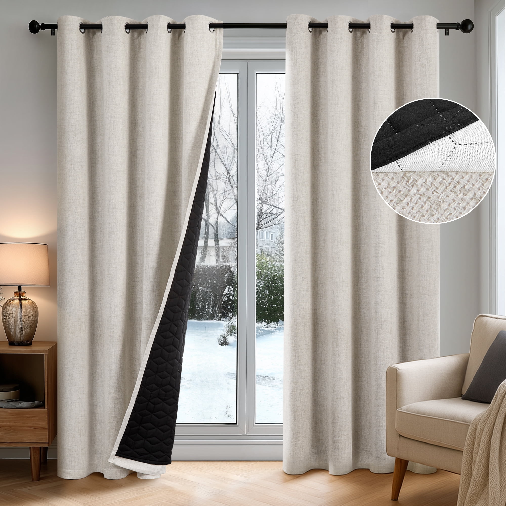 ZOPZO 100% Blackout Curtain Classic Natural Linen, Noise Reducing, 52W x 84L Inch, Double Brushed Fabric Geometric Embroidery, Set of 2