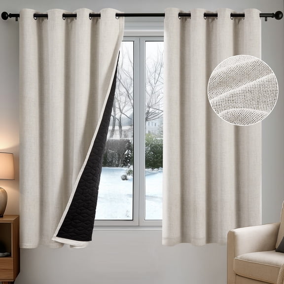 ZOPZO 100% Blackout Curtain Classic Natural Linen, Thermal Insulated, 52W x 63L Inch, Double Brushed Fabric Geometric Embroidery, Set of 2