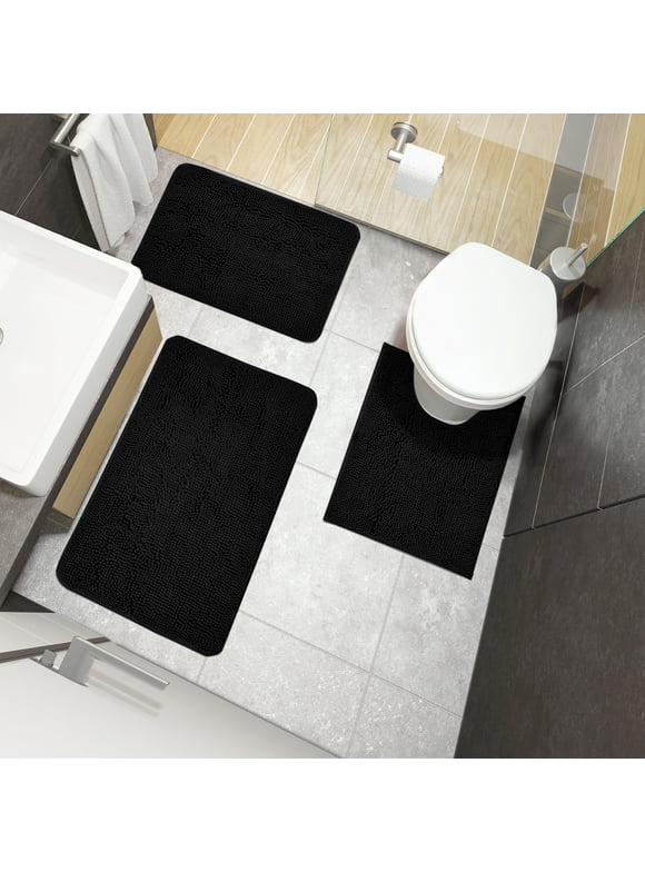 ZOPZO 3 Pcs Bathroom Rugs Set, Super Soft Plush Shaggy Water Absorbent Non Slip Bathroom Mats, Black