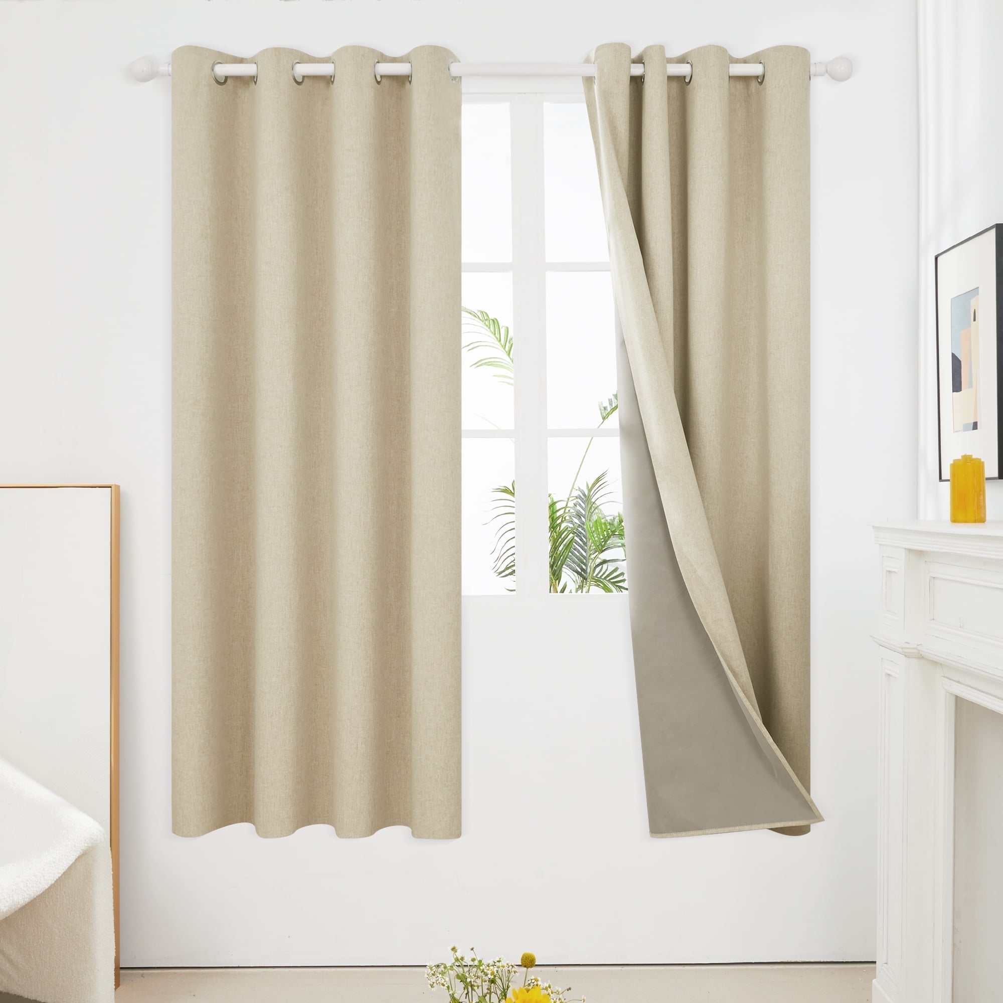 ZOPZO Faux Linen 100% Blackout Curtains, Flaxen, 52W x 72L Inch, 2 Panels，Thermal Insulated Drapes for Bedroom