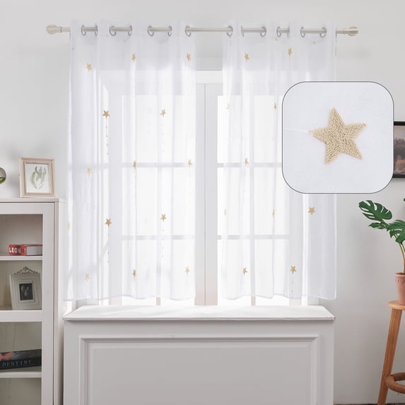 ZOPZO Sheer Curtains for Kids, Rod Pocket, Embroidered Line Look Drapes, 52W x 63L inch, Window Panels for Bedroom and Living Room, 2 Panels