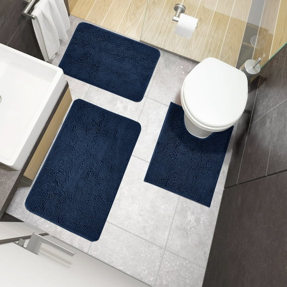 ZOPZO 3-Piece Bathroom Rug Set, Navy Blue, 17x24、20x24、20x32 Inch, Soft Microfiber Chenille Bath Mats with TPR Backing, Absorbent Mats for Bathroom
