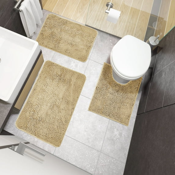 ZOPZO 3-Piece Bathroom Rug Set, Beige, 17x24、20x24、20x32 Inch, Soft Microfiber Chenille Bath Mats with TPR Backing, Absorbent Mats for Bathroom