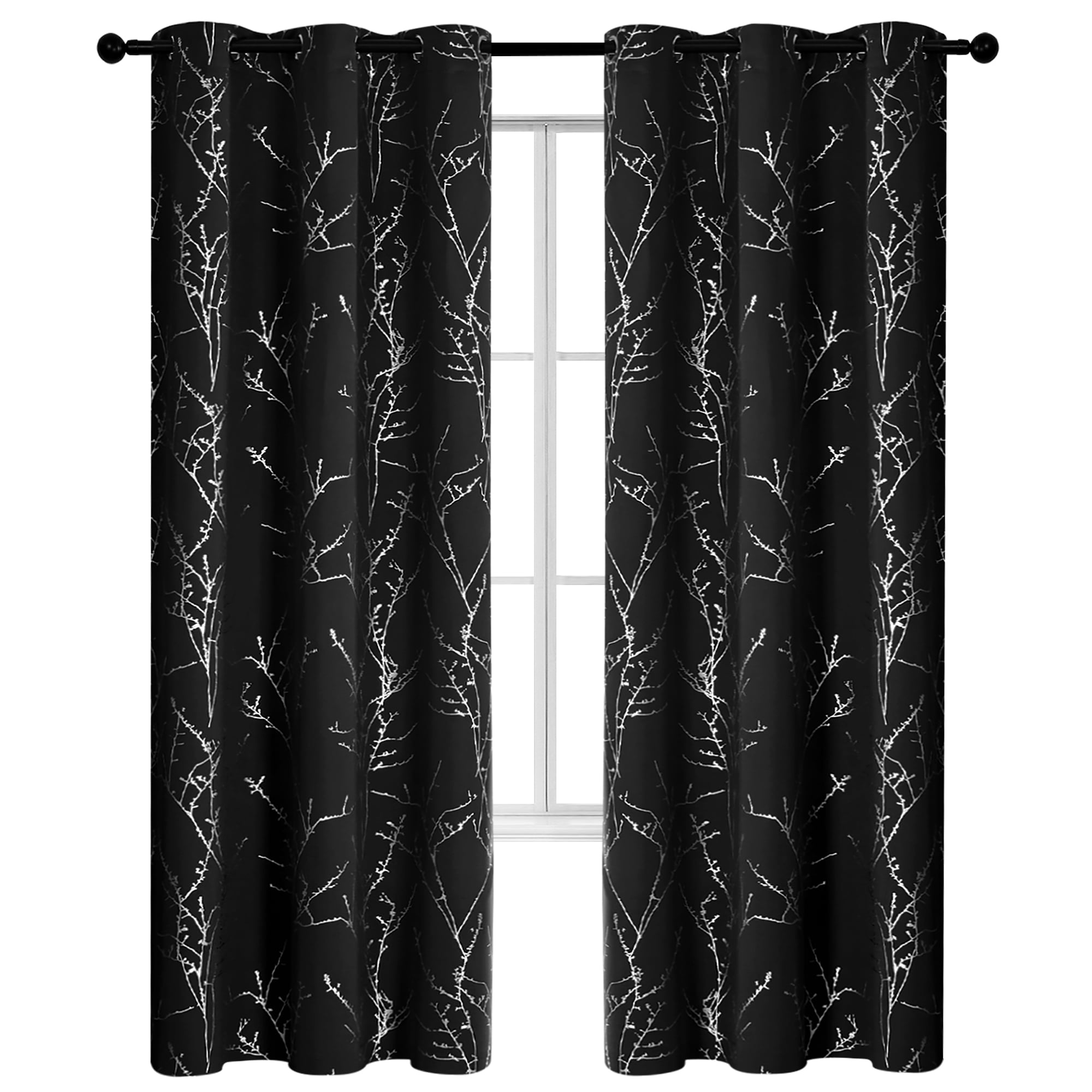 ZOPZO Blackout Curtains, Thermal Insulated,, Black, 42W x 72L Inch, Room Darkening Drapes Tree Branches Pattern for Bedroom Modern Home