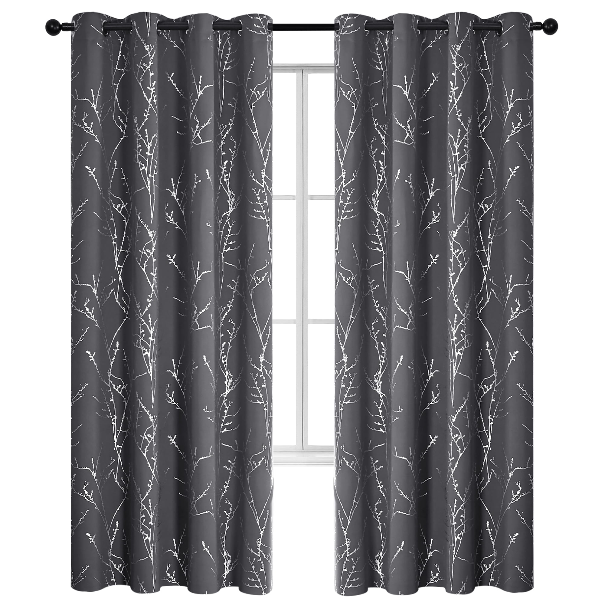 ZOPZO Blackout Curtains, Thermal Insulated,, Dark Gray, 52W x 72L Inch, Room Darkening Drapes Tree Branches Pattern for Bedroom Modern Home