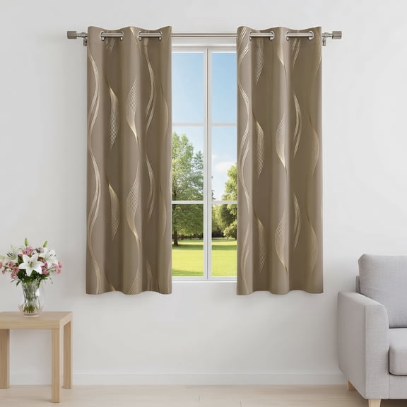 ZOPZO Blackout Curtains Thermal Insulated Drapes, Khaki, 42W x 63L Inch, Elegant Golden Wave Print for Modern Home Decor