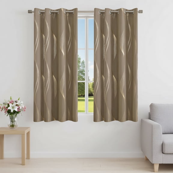 ZOPZO Blackout Curtains Thermal Insulated Drapes, Khaki, 52W x 63L Inch, Elegant Golden Wave Print for Modern Home Decor