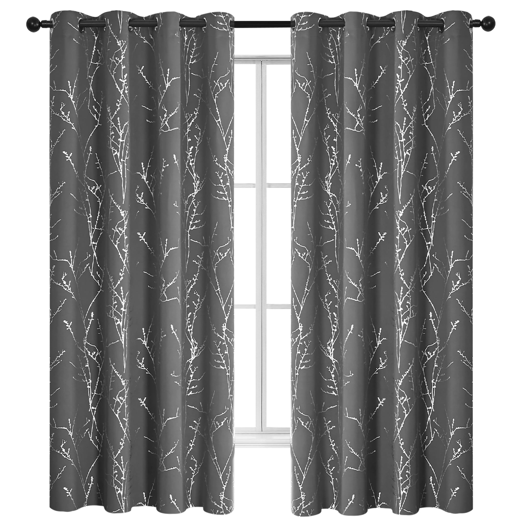 ZOPZO Blackout Curtains, Thermal Insulated, Light Gray, 52W x 63L Inch, Room Darkening Drapes Tree Branches Pattern for Bedroom Modern Home