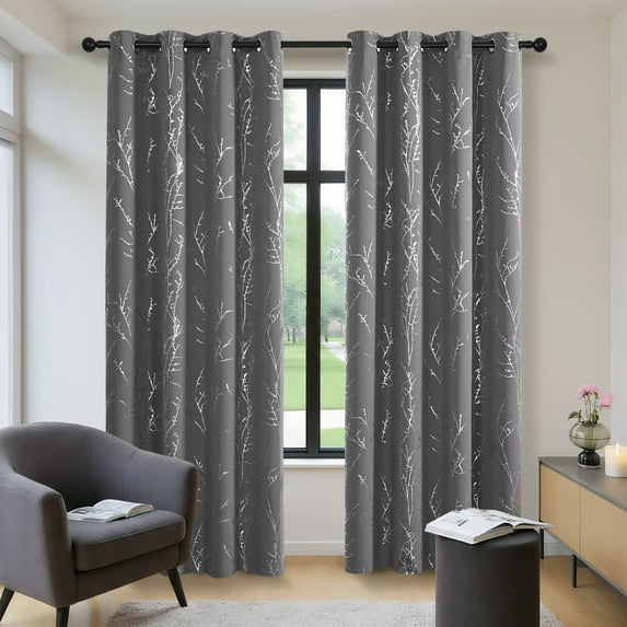 ZOPZO Blackout Curtains, Thermal Insulated,, Light Gray, 52W x 95L Inch, Room Darkening Drapes Tree Branches Pattern for Bedroom Modern Home
