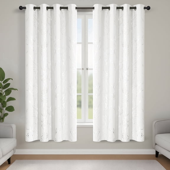 ZOPZO Blackout Curtains, Thermal Insulated, White, 52W x 72L Inch, Room Darkening Drapes Tree Branches Pattern for Bedroom Modern Home