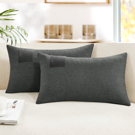 ZOPZO Boho Linen Throw Pillow Covers 2-Pack, Dark Gray, 12x20 Inch, Decorative Cushion Cases with Leather Tag, Pillowcase for Sofa Couch Bed