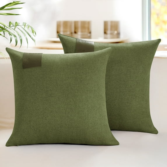 ZOPZO Decorative Throw Pillow Covers Pack of 2, Olive Green, 16x16 Inch, Linen Cushion Cases with Leather Label, Boho Accent for Sofa Couch Bed