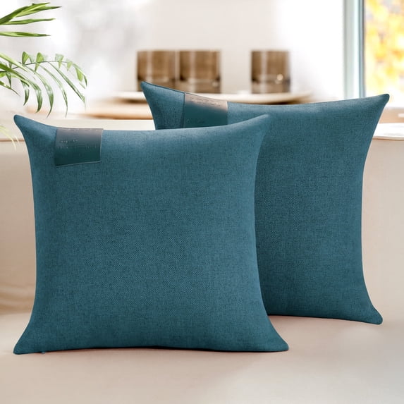 ZOPZO Decorative Throw Pillow Covers Pack of 2, Peacock Blue, 16x16 Inch, Linen Cushion Cases with Leather Label, Boho Accent for Sofa Couch Bed