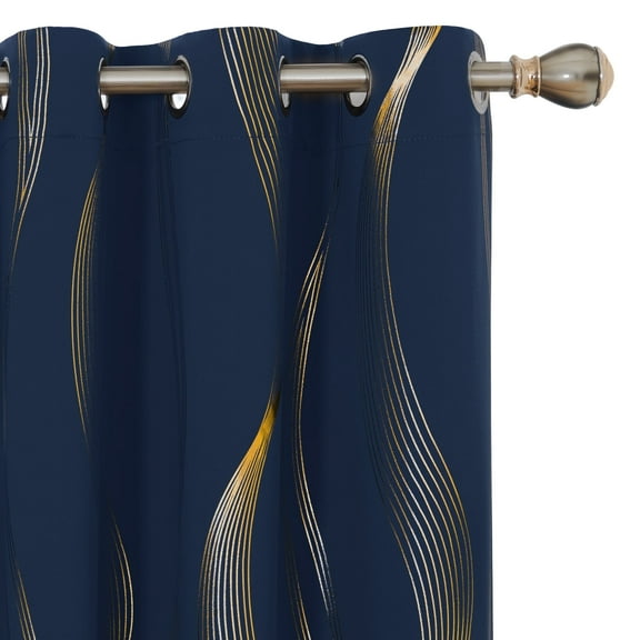 ZOPZO Blackout Curtains 42W x 63L Inch, Navy Blue Thermal Insulated Room Darkening Drapes with Golden Wave Print for Bedroom