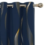 ZOPZO Golden Wave Print Blackout Curtains, Navy Blue, 42W x 63L Inch, Thermal Insulated, Room Darkening Drapes for Home and Office
