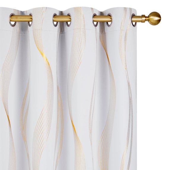 ZOPZO Blackout Curtains, Thermal Insulated, Bright White, 52W x 63L Inch, Room Darkening Drapes with Golden Wave Print for Bedroom Living Room