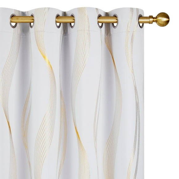 ZOPZO Blackout Curtains, Thermal Insulated, Bright White, 52W x 84L Inch, Room Darkening Drapes with Golden Wave Print for Bedroom Living Room