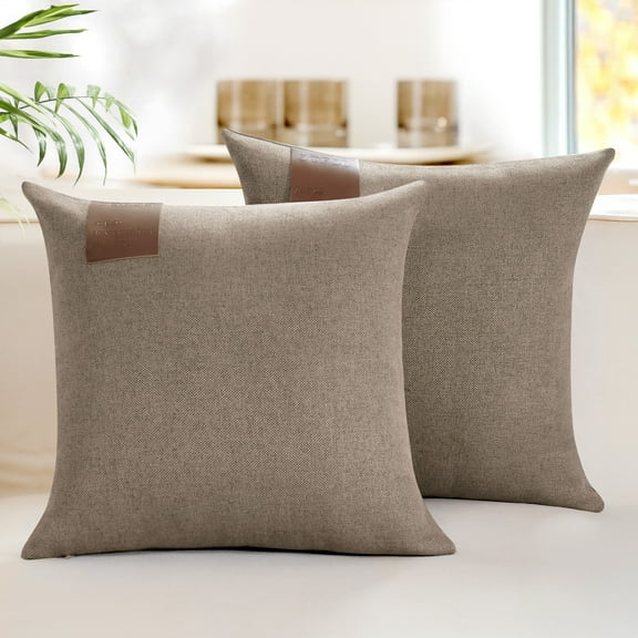 ZOPZO Linen Throw Pillow Covers 2-Pack, Sand Beige, 18x18 Inch, Cushion Cases with Leather Label, Boho Accent for Couch Sofa Bed Living Room
