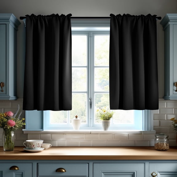 ZOPZO Short Blackout Curtains for Bathroom, 2 Panels, Black, 30W x 30L Inch, Noise-Reducing, Thermal Insulated, Room Darkening Drapes