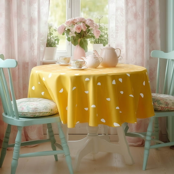 ZOPZO Waterproof Tablecloth for Dining Table, Yellow, 60", Semi-Circle Print, Overlock Edge