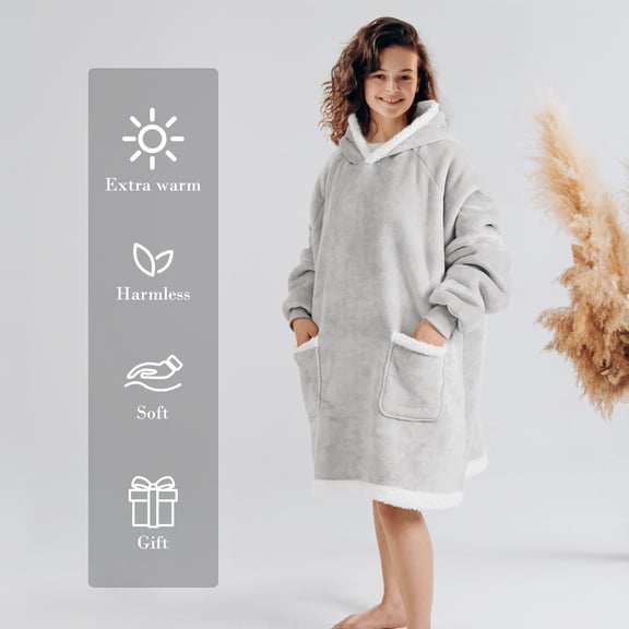 ZOPZO Wearable Hoodie Blanket for Adults and Kids, Oversized Sherpa Sweatshirt Blanket,37 x 33, Gray