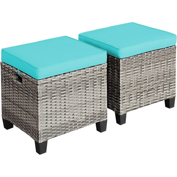 ZOPan 2 Pieces Patio Rattan Ottomans, Outdoor Wicker Footstool Footrest Seat with Soft Cushions and Steel Frame, All-Weather Patio Ottoman Set for Backyard Garden Poolside