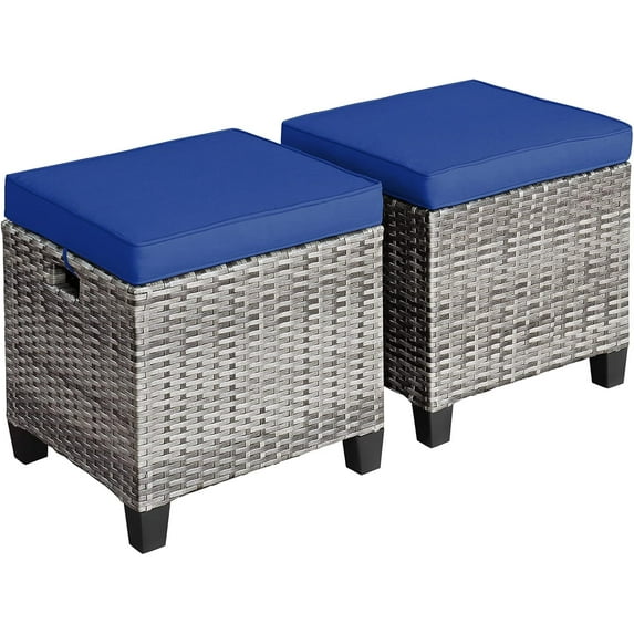 ZOPan 2 Pieces Patio Rattan Ottomans, Outdoor Wicker Footstool Footrest Seat with Soft Cushions and Steel Frame, All-Weather Patio Ottoman Set for Backyard Garden Poolside