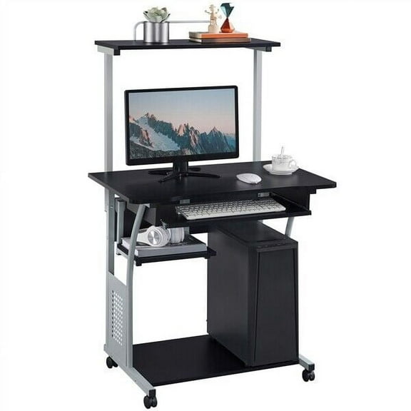 ZOPan 2 Tier Mobile Computer Desk with Printer Shelf & Keyboard Tray Rolling Computer Table for Small Spaces, Compact Study Workstation with Wheels, Space Saving, Black