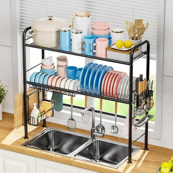 ZOPan 2-Tier Over The Sink Dish Drainer Drying Rack, Dish Racks for Kitchen Counter, with Utensil Holder and Chopping Board Rack, Multi-Functional Kitchen Organizer, 33.5“(L) X 10”(W) X 31.9"(H)