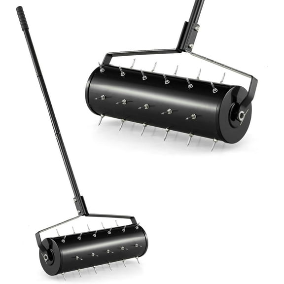 ZOPan 21" Manual Lawn Aerator, Heavy Duty Rolling Aerator Lawn Tool Filled Sand Stone with 51" Detachable Handle & Tine Spikes for Soil Loosening, Push Grass Aeration for Garden Yard, Black