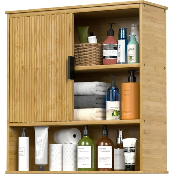 ZOPan 23.23” W x 7.76” D x 24.02” H Bamboo Bathroom Wall Cabinet, Wall Mounted Fluted Medicine Cabinet with Sliding Door & Shelves, Over Toilet Storage Organizer for Laundry Room, Natural
