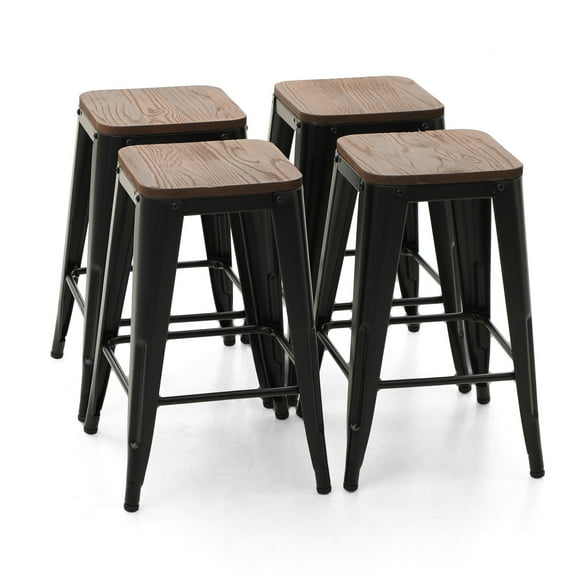 ZOPan 24'' Metal Bar Stools Set of 4 Wooden Seat Barstool for 34''-36'' Height Table-IF175