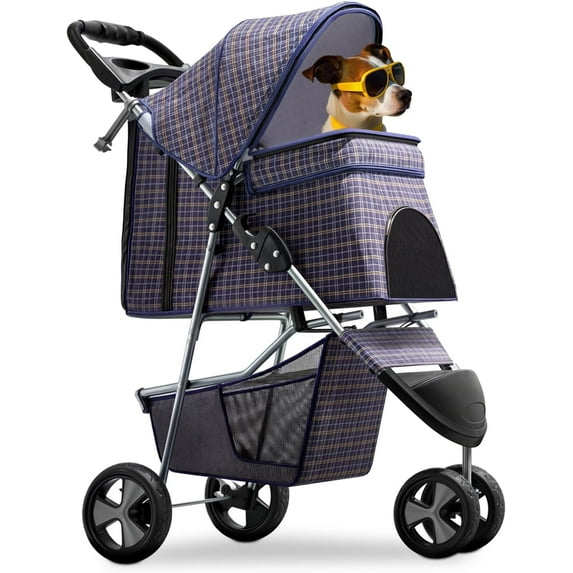 ZOPan 3-Wheel Pet Stroller, Foldable Travel Jogger for Small & Medium Dogs & Cats (Up to 33lbs), Lightweight Carrier with Breathable Mesh Cover, Cup Holder & Storage Basket, Plaid