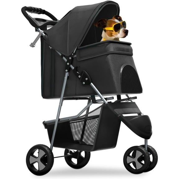 ZOPan 3-Wheel Pet Stroller, Foldable Travel Jogger for Small & Medium Dogs & Cats (Up to 33lbs), Lightweight Carrier with Breathable Mesh Cover, Cup Holder & Storage Basket, Black