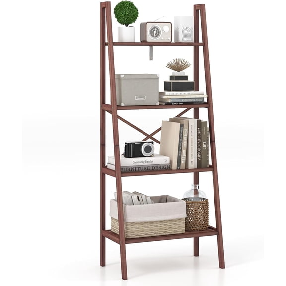 ZOPan 4-Tier Bamboo Ladder Bookshelf, Rustic Bookcase, Floor Standing Shelving Unit, Book Shelf Storage Organizer, Display Rack for Living Room, Kitchen, Bedroom, Office (1, Walnut)