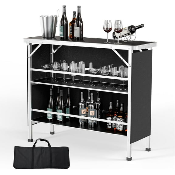 ZOPan 43" Portable Bar Table, 3-Tier Shelves, Carry Bag,Mobile Bar Table for Events, Party, Camping, Picnic, Tradeshow, Outdoor & Indoor with Black Skirt (Black-1P, 43")