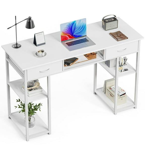 ZOPan 48 inch Home Office Small Computer Desk Small Table with 3 Fabric Drawers, Features-Hidden Storage, With Drawers, White