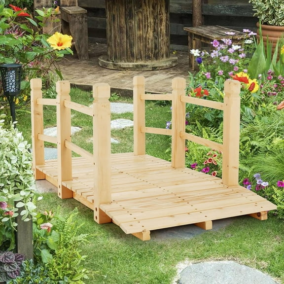 ZOPan 5 ft Garden Bridge - Natural Wood Arc Footbridge Walkway with Side Railings, Decorative Wooden Bridge Landscaping for Backyard Farm Garden Creek Pond Decor, Easy to Assemble (Natural)