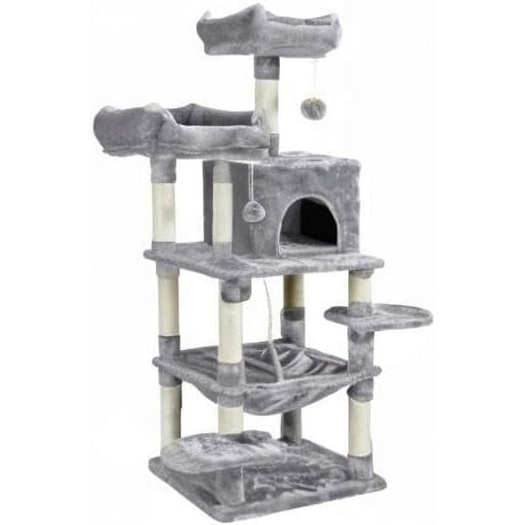 ZOPan 59 inches Cat Tree Cat Tower Stand House Condo with Big Hammock Scratching Post Kitty Pet Play House,Light Gray