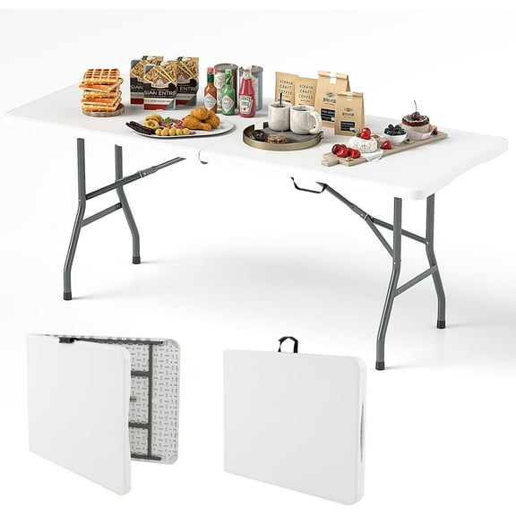 ZOPan 6ft Plastic Folding Table, 350 LBS Outdoor Heavy Duty Folding Tables with HDPE Tabletop, Handle, Lock, Foldable Rectangle Portable Utility Card Table for Picnic, Party, Camping, Dining