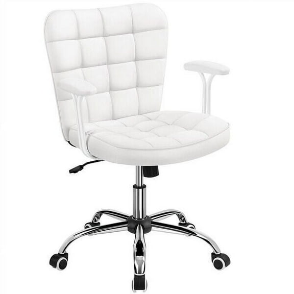 ZOPan Armless Desk Chair Modern Tufted Office Chair Faux Leather Upholstered Computer Chair with Adjustable Seat Height and Rolling Wheels for Home/Office-White