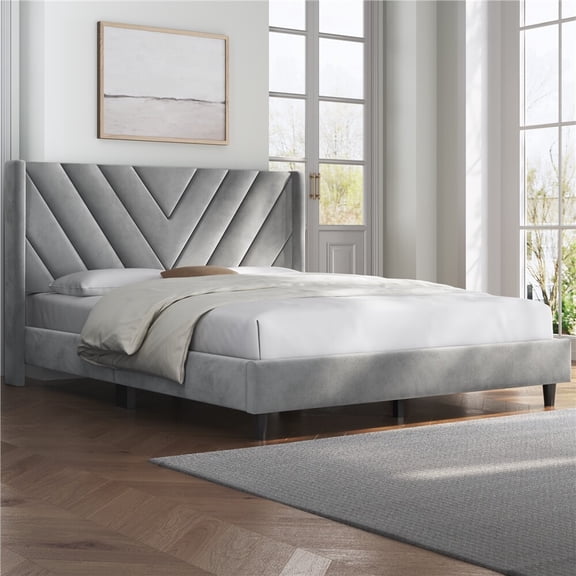 ZOPan  Bed Frame Upholstered Platform Bed with Wing Side/Wooden Slat Support/Tufted Headboard with Wing Side/Mattress Foundation/No Box Spring Needed-queen
