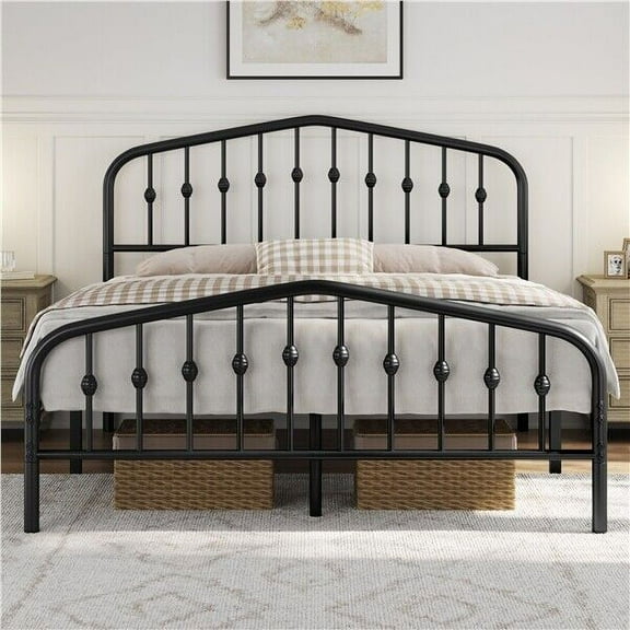 ZOPan Bed Frames Metal Platform Bed with Victorian Style Wrought Iron Headboard and Footboard/Easy Assembly/No Box Spring Needed-Queen-Black