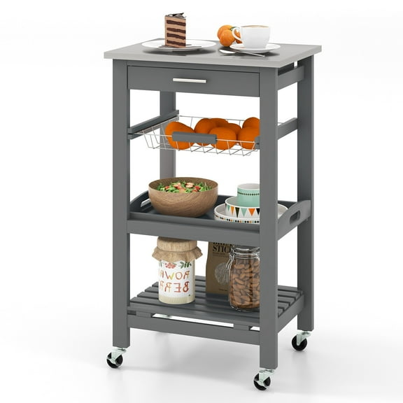 ZOPan Compact Kitchen Island Cart Rolling Service Trolley with Stainless Steel Top & Storage Basket, Portable Food Prep Station for Small Kitchens, Dining Rooms & Breakfast Nooks