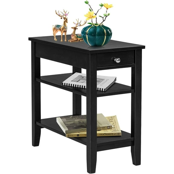 ZOPan End Table with Drawer, Narrow Side Table with 2-Tier Open Storage Shelves, Slim Side End Table Compact Nightstand Bedside Table for Living Room Bedroom Small Space-1-Black