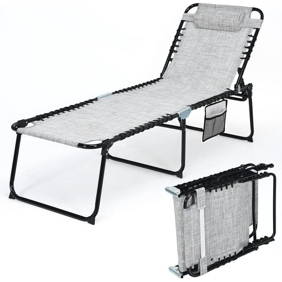 ZOPan Folding Chaise Lounge Chair, Sun Tanning Chair with Adjustable Reclining Back, Outdoor Recliner Chair for Pool, Beach, Patio, Lawn (Grey with Pocket)