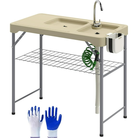 ZOPan Folding Fish Cleaning Table with Sinks, Portable Camping Sink Table with Faucet, Drainage Hose, Sprayer, Shelf, Drawer and Storage Basket, Outdoor Fillet Table for Picnic Beach Patio, Tan