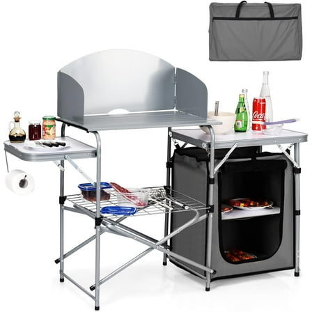 ZOPan Folding Grill Table with 26'' Tabletop and Detachable Windscreen, Aluminum Portable Camp Cook Station Carry Bag Quick Set-up, BBQ Camping Picnic Backyard Outdoor Camping Kitchen Table (Grey)